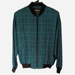 1990s Teal and Black Plaid Bomber Jacket Vintage Size S